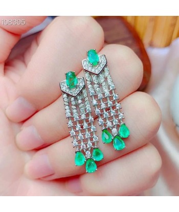 925 Sterling Silver Green Gemstone Created Emerald Dangle Earrings Ring for Women Faites des économies