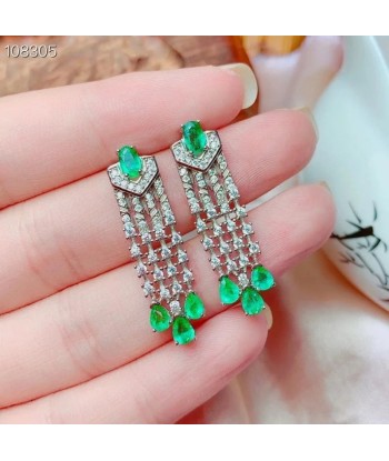 925 Sterling Silver Green Gemstone Created Emerald Dangle Earrings Ring for Women Faites des économies