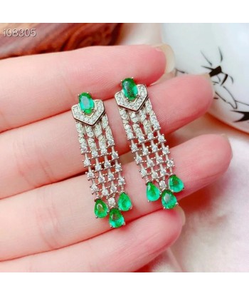 925 Sterling Silver Green Gemstone Created Emerald Dangle Earrings Ring for Women Faites des économies