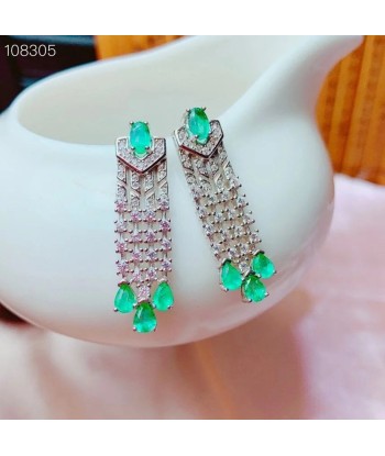 925 Sterling Silver Green Gemstone Created Emerald Dangle Earrings Ring for Women Faites des économies