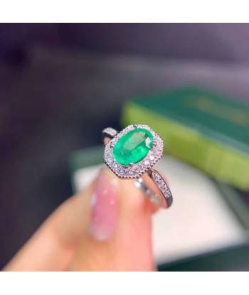 925 Sterling Silver Natural Green Emerald Ring for Women français