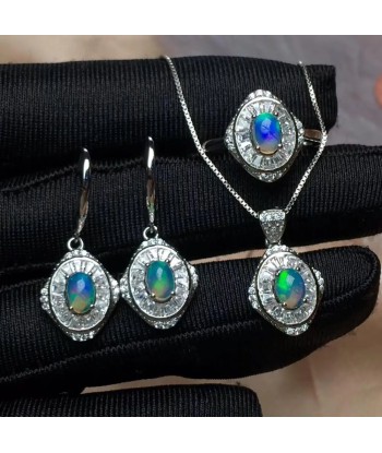 925 Sterling Silver Natural Opal Set Ring Necklace Earrings livraison gratuite