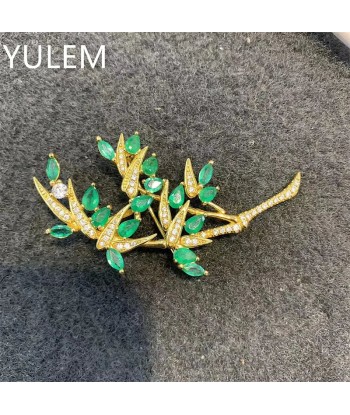 925 Sterling Silver Natural Emerald Brooch with Bamboo Leaves for Women rembourrage situé sous