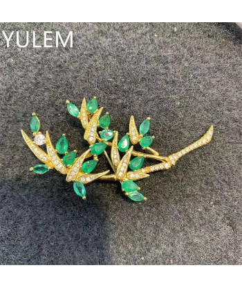 925 Sterling Silver Natural Emerald Brooch with Bamboo Leaves for Women rembourrage situé sous