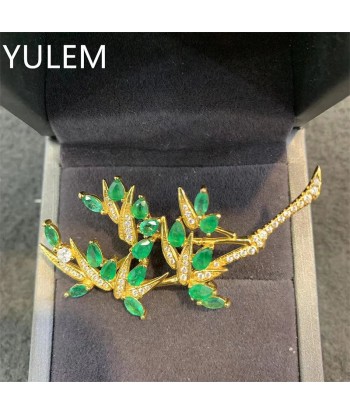 925 Sterling Silver Natural Emerald Brooch with Bamboo Leaves for Women rembourrage situé sous