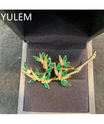 925 Sterling Silver Natural Emerald Brooch with Bamboo Leaves for Women rembourrage situé sous