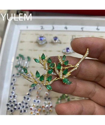 925 Sterling Silver Natural Emerald Brooch with Bamboo Leaves for Women rembourrage situé sous