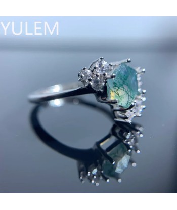 Sterling Silver Natural Moss Agate Hexagon Flower Ring for Women pour bénéficier 