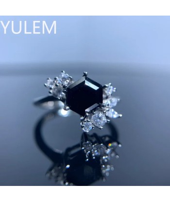 925 Sterling Silver Natural Hexagon Black Spinel Flower Ring for Women acheter