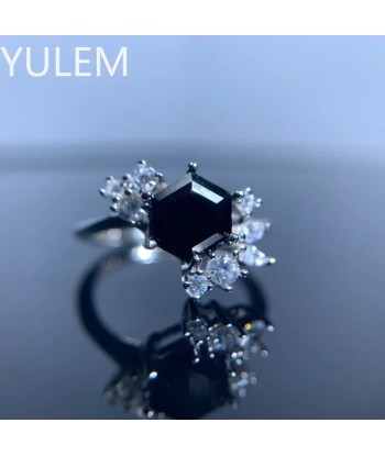 925 Sterling Silver Natural Hexagon Black Spinel Flower Ring for Women acheter