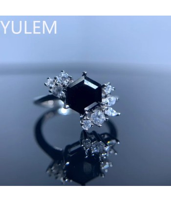 925 Sterling Silver Natural Hexagon Black Spinel Flower Ring for Women acheter