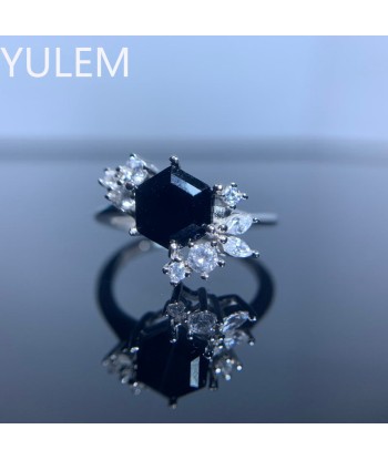 925 Sterling Silver Natural Hexagon Black Spinel Flower Ring for Women acheter