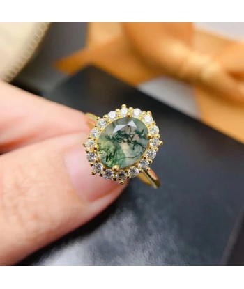 Sterling Silver Natural Moss Agate Ring for Women destockage