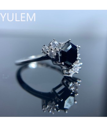 925 Sterling Silver Natural Hexagon Black Spinel Flower Ring for Women acheter