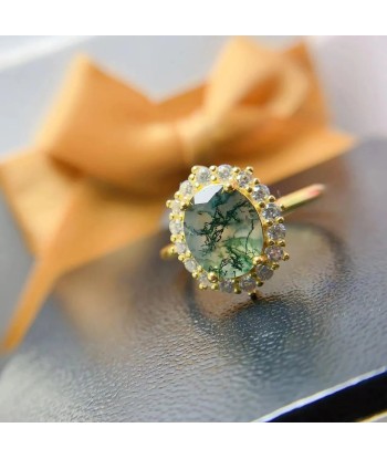 Sterling Silver Natural Moss Agate Ring for Women destockage