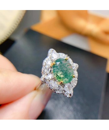 925 Sterling Silver Green Moss Agate Art Deco Cluster Ring Set for Women Véritable concentré