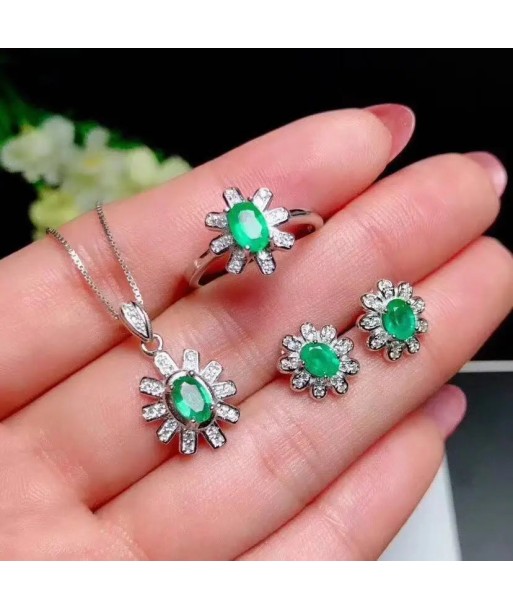 925 Silver Natural Emerald Set Ring Earrings Necklace for Her meilleur choix