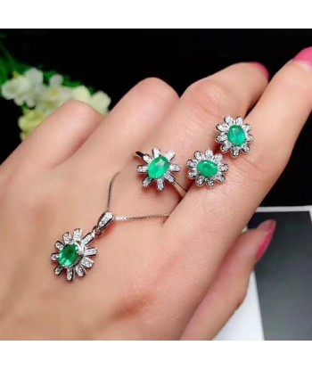 925 Silver Natural Emerald Set Ring Earrings Necklace for Her meilleur choix