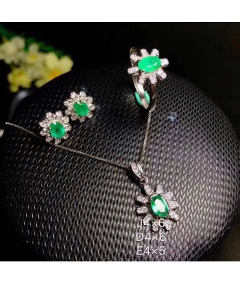 925 Silver Natural Emerald Set Ring Earrings Necklace for Her meilleur choix