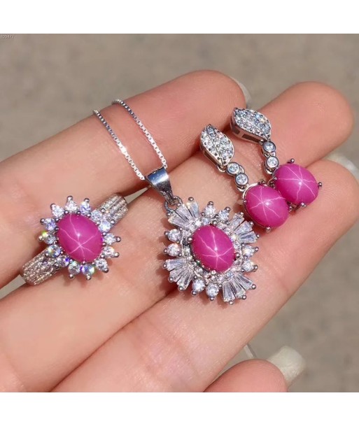 925 Sterling Silver Burma Star Ruby Pendant Earring Set for Women de la marque