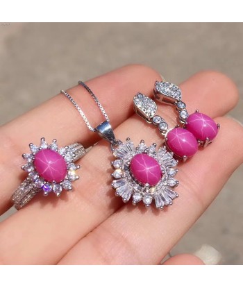 925 Sterling Silver Burma Star Ruby Pendant Earring Set for Women de la marque