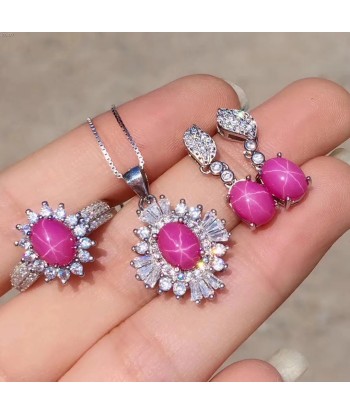 925 Sterling Silver Burma Star Ruby Pendant Earring Set for Women de la marque