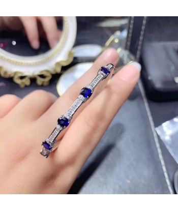 S925 Silver Natural Blue Sapphire Gemstone Bangles Bracelet for Women Véritable concentré