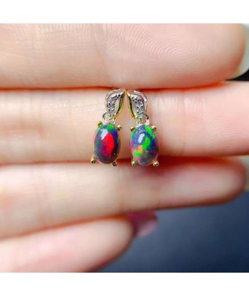 925 Sterling Silver Black Opal Earrings with Fire Colors for Women Paris Déstockage Promo