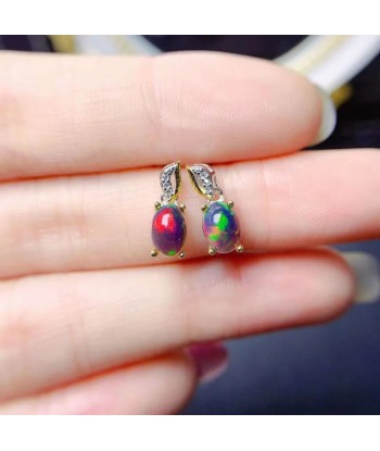 925 Sterling Silver Black Opal Earrings with Fire Colors for Women Paris Déstockage Promo