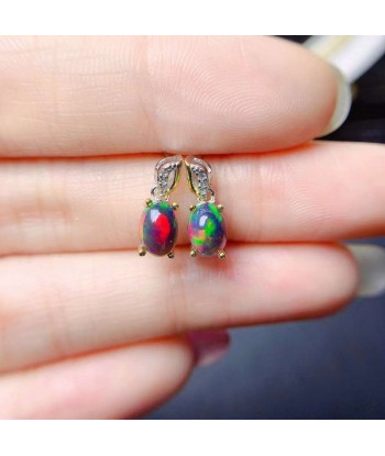 925 Sterling Silver Black Opal Earrings with Fire Colors for Women Paris Déstockage Promo