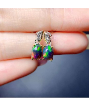 925 Sterling Silver Black Opal Earrings with Fire Colors for Women Paris Déstockage Promo