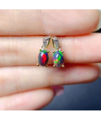 925 Sterling Silver Black Opal Earrings with Fire Colors for Women Paris Déstockage Promo