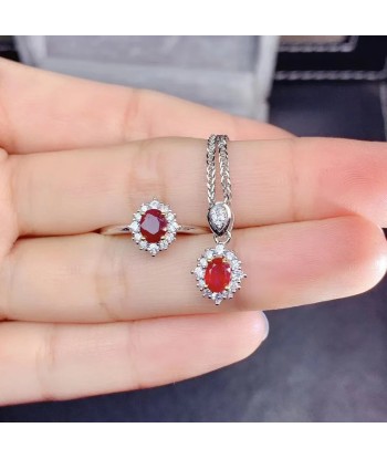 925 Sterling Silver Natural Ruby Pendant Necklace Set for Female Véritable concentré