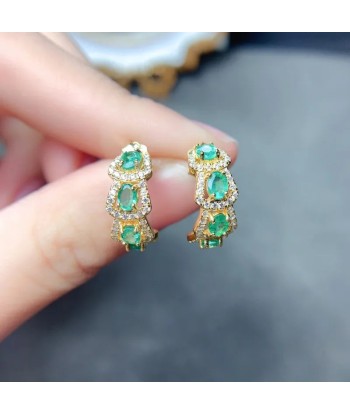 Sterling Silver Natural Emerald Diamond Earrings for Women Véritable concentré