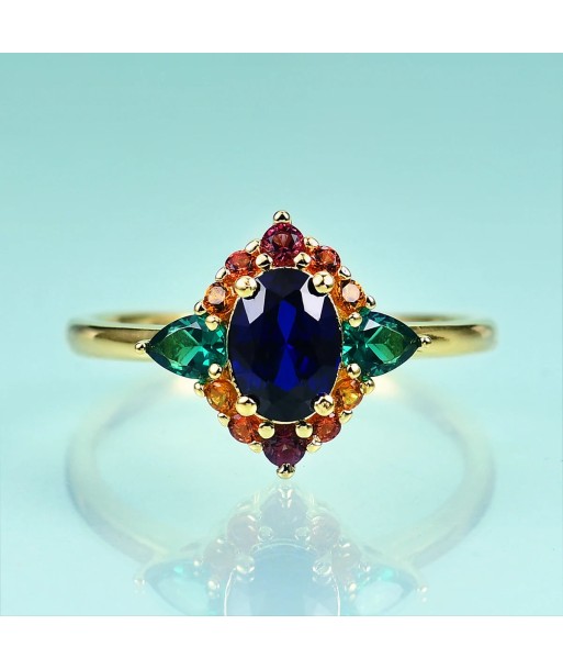 14K Gold Filled 925 Sterling Silver Lab Sapphire, Emerald, Garnet, Citrine Halo Ring for Women Paris Déstockage Promo