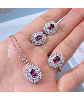 Sterling Silver Pyrope Necklace, Stud Earrings & Ring Set for Women le des métaux précieux