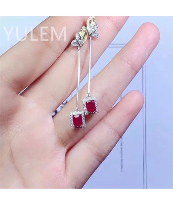 Silver (925) Pigeon Blood Ruby Drop Earrings (4x5mm) for Women destockage