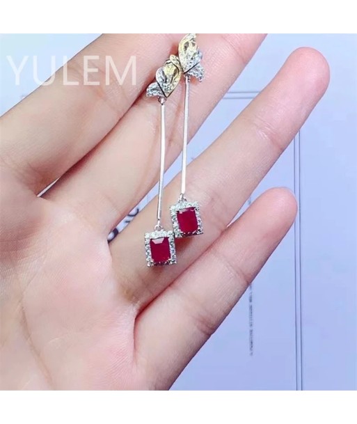 Silver (925) Pigeon Blood Ruby Drop Earrings (4x5mm) for Women destockage