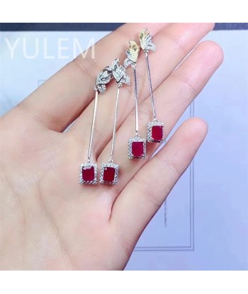 Silver (925) Pigeon Blood Ruby Drop Earrings (4x5mm) for Women destockage