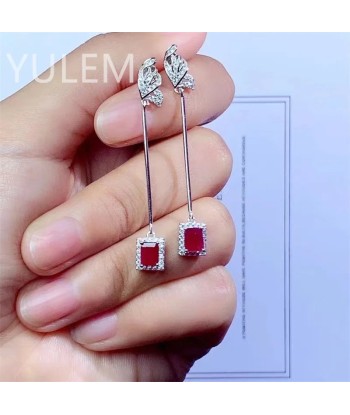 Silver (925) Pigeon Blood Ruby Drop Earrings (4x5mm) for Women destockage