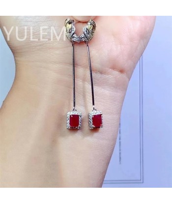 Silver (925) Pigeon Blood Ruby Drop Earrings (4x5mm) for Women destockage