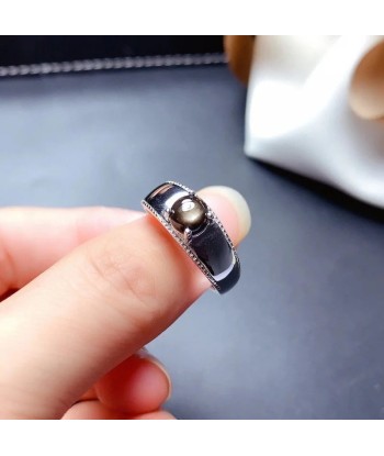 925 Sterling Silver Natural Dark Star Black Sapphire Gem Ring Round for Women Venez acheter