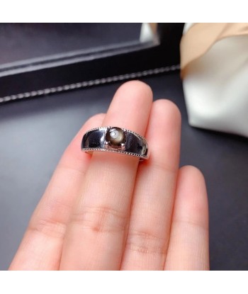 925 Sterling Silver Natural Dark Star Black Sapphire Gem Ring Round for Women Venez acheter