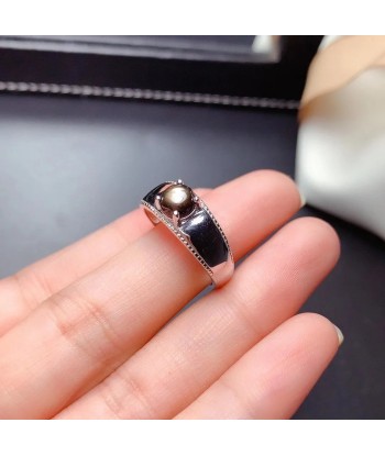 925 Sterling Silver Natural Dark Star Black Sapphire Gem Ring Round for Women Venez acheter