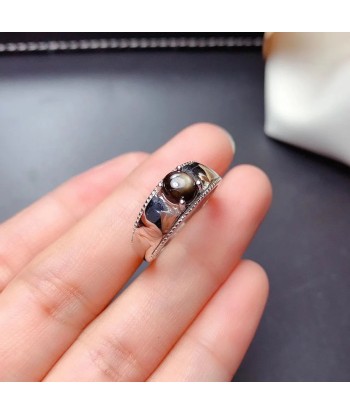 925 Sterling Silver Natural Dark Star Black Sapphire Gem Ring Round for Women Venez acheter