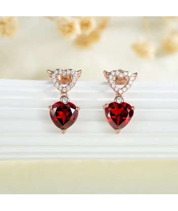 925 Sterling Silver Red Garnet Heart Dangling Earrings for Women En savoir plus