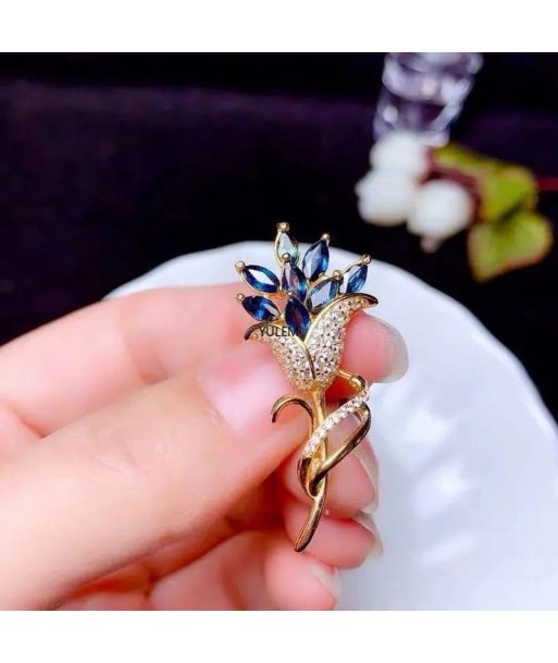 925 Sterling Silver Natural Sapphire Flower Brooch Pins for Women vous aussi creer 