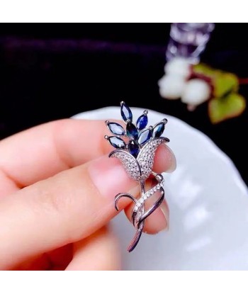 925 Sterling Silver Natural Sapphire Flower Brooch Pins for Women vous aussi creer 