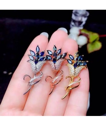 925 Sterling Silver Natural Sapphire Flower Brooch Pins for Women vous aussi creer 