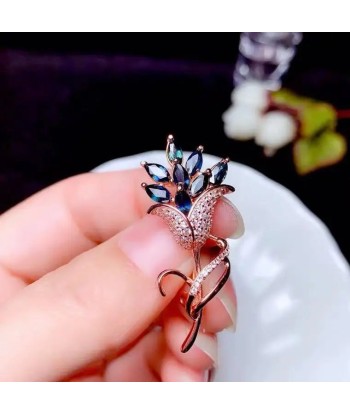 925 Sterling Silver Natural Sapphire Flower Brooch Pins for Women vous aussi creer 